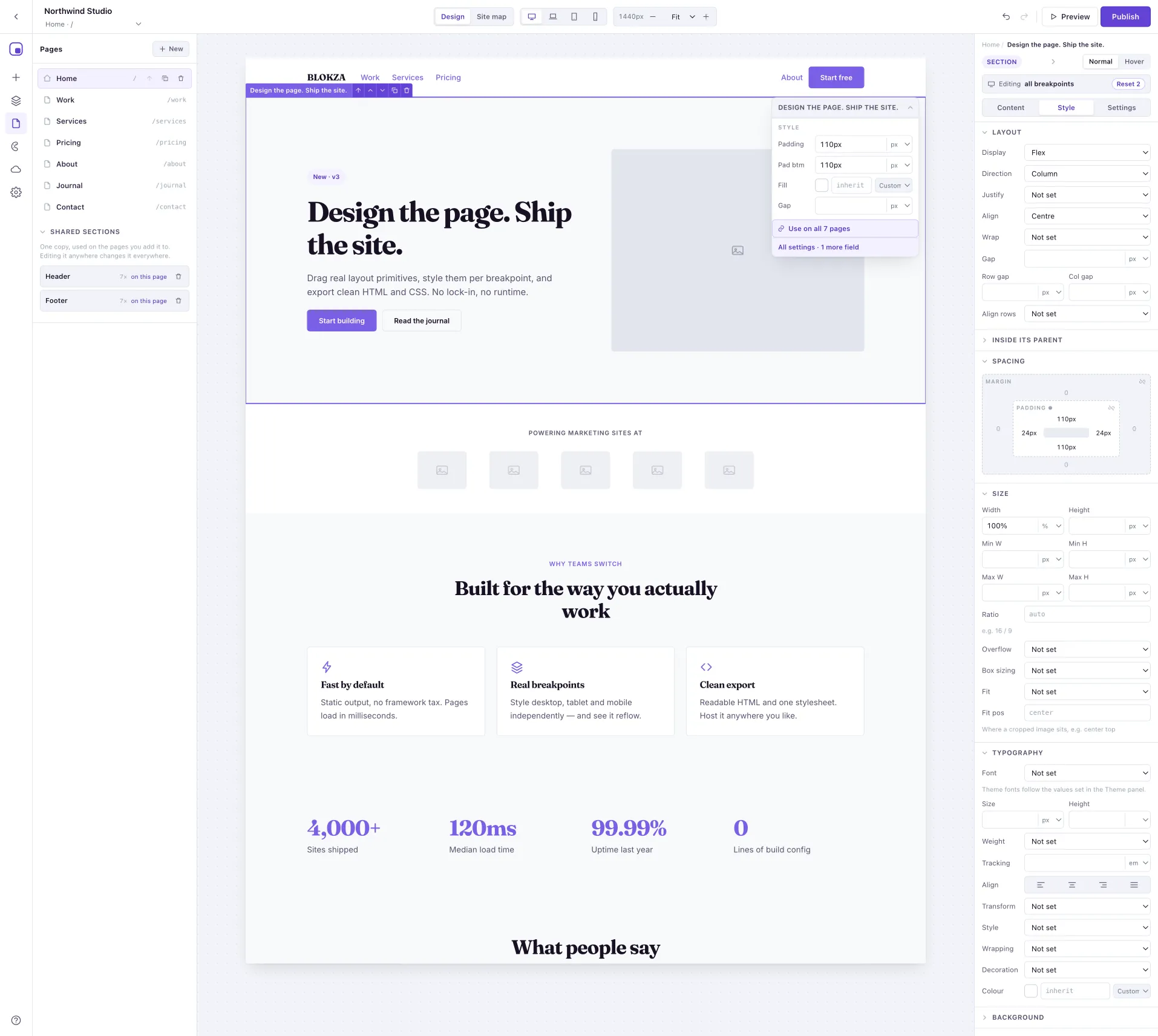 The BLOKZA canvas with a section selected, its context panel offering padding, fill and gap, and the full style inspector beside it.
