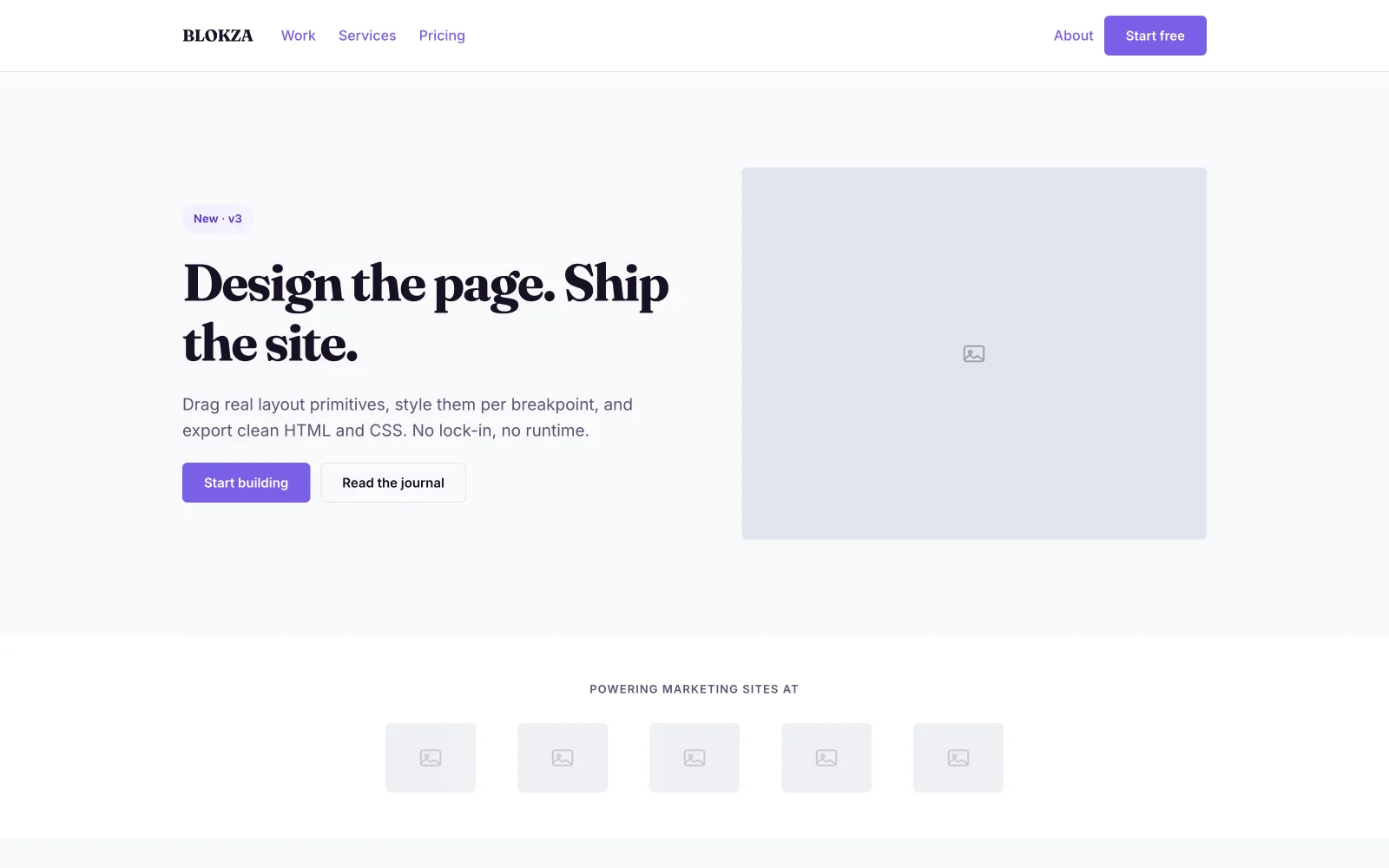 A seven-page site built in BLOKZA, published and loaded in a browser.