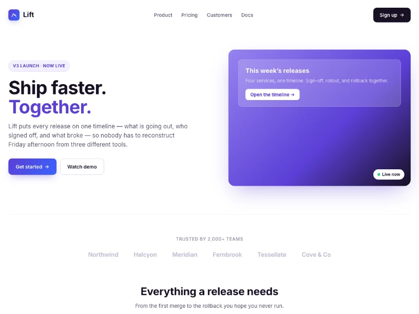 The Lift template: a startup landing page built in BLOKZA.