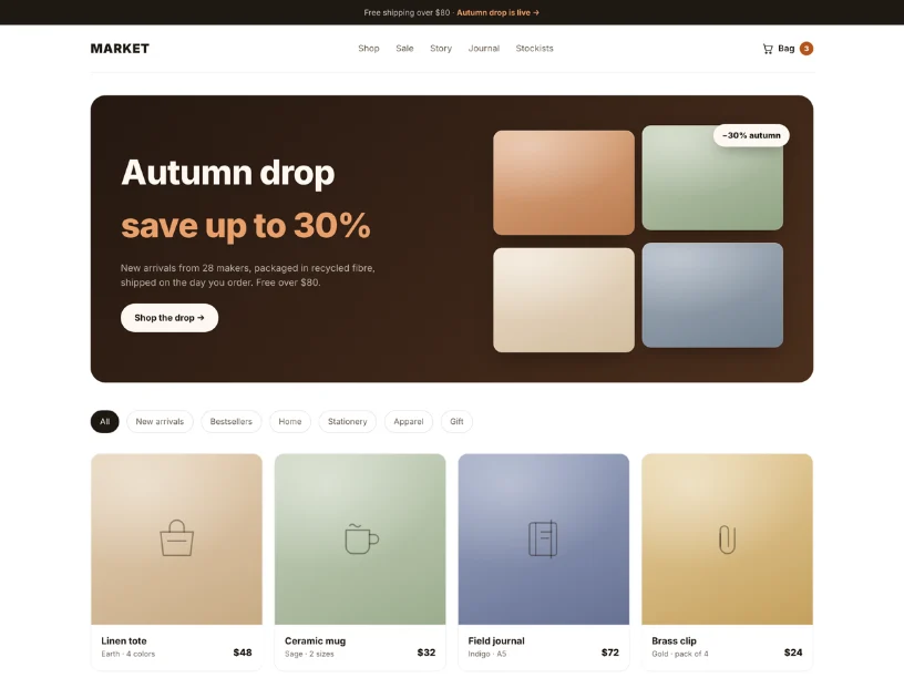 The Market template: a online store built in BLOKZA.
