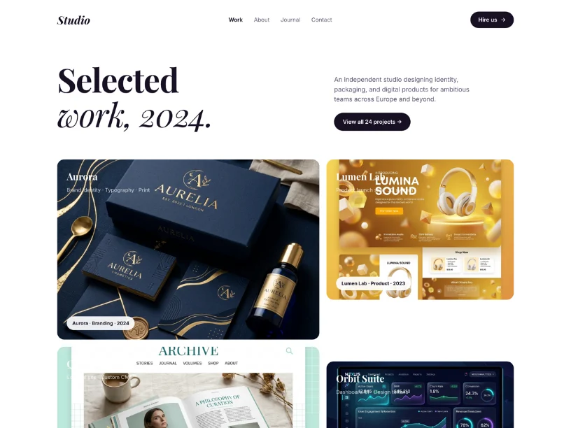 The Showcase template: a portfolio site built in BLOKZA.